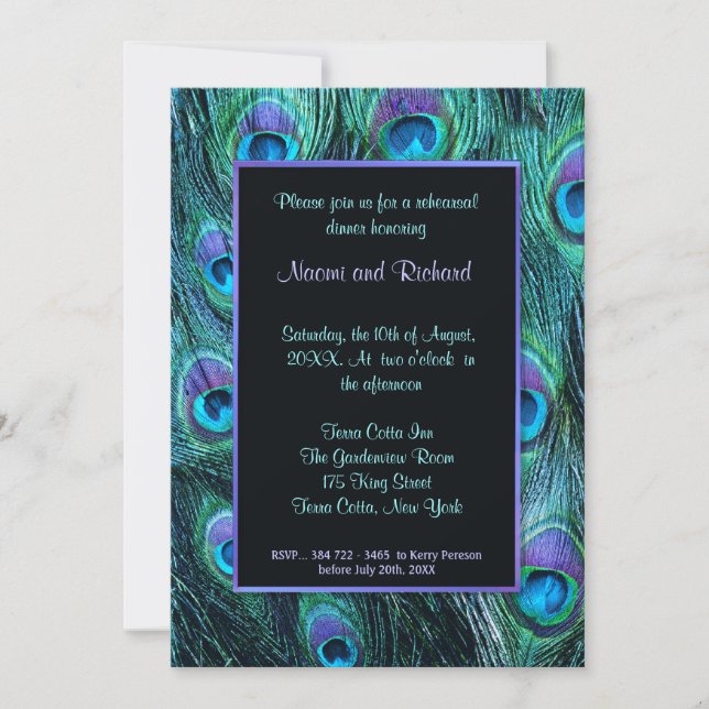 Peacock Feather Rehearsal Dinner Invitation (Front)