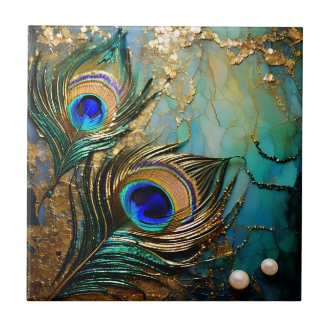 Peacock feather rosettes marbled pearl faux foil tile (Front)