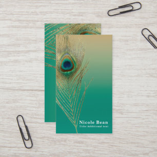 Peacock Feather Sand and Teal Boho Glam Elegant Business Card