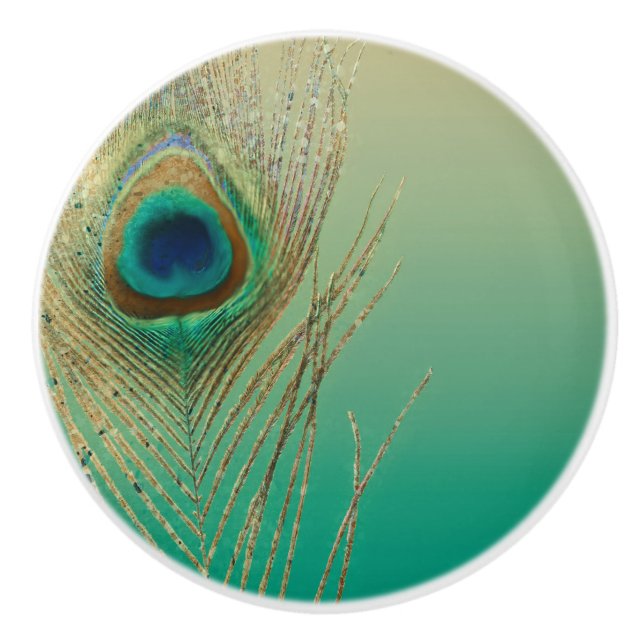 Peacock Feather Sand and Teal Boho Glam Elegant Ceramic Knob (Front)