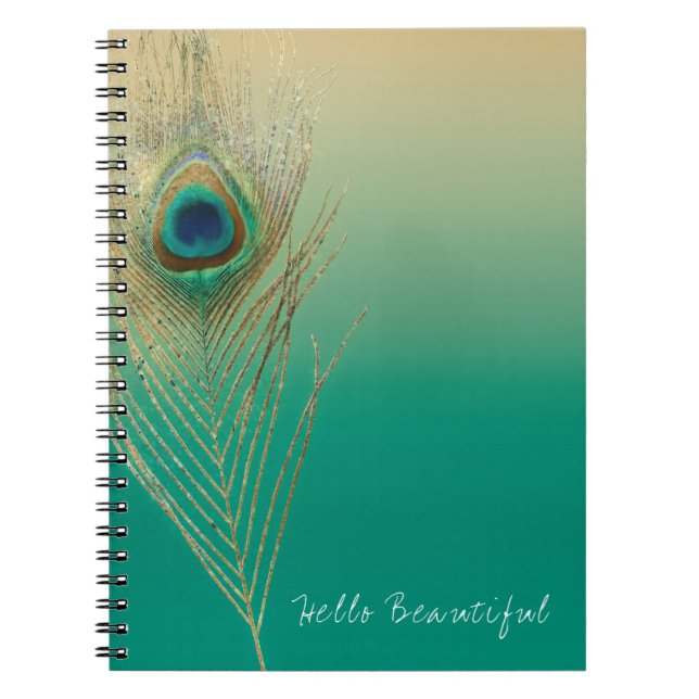 Peacock Feather Sand and Teal Boho Glam Elegant Notebook (Front)