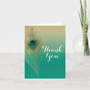 Peacock Feather Sand and Teal Boho Glam Thank You Card