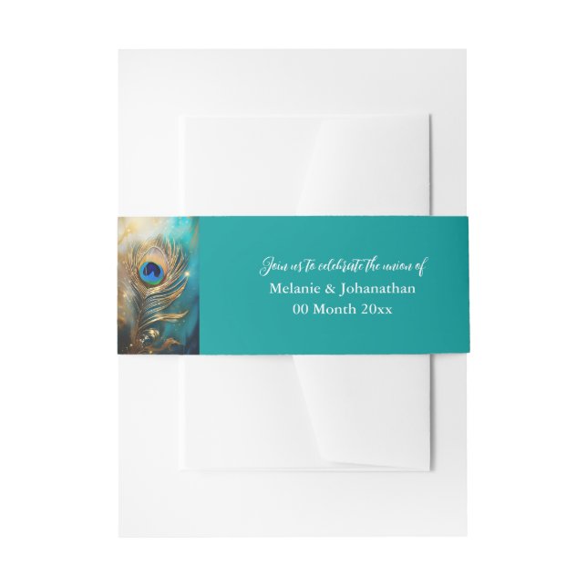 Peacock feather shiny gold teal emerald green bird invitation belly band (Front Example)