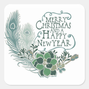 Peacock Feather Succulent Joyeux Sticker de Noël