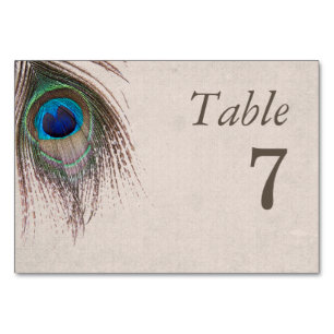Peacock Feather Tan Wedding Table Number