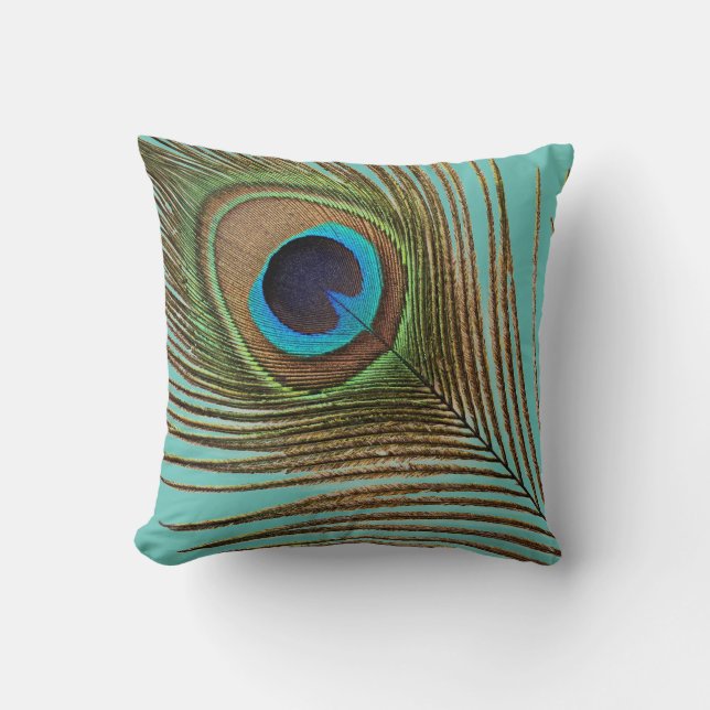 Peacock Feather Teal Blue Green Patterns Elegant Throw Pillow (Front)