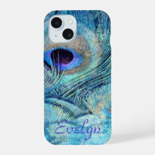 Peacock feather teal blue purple marble elegant  iPhone 15 case