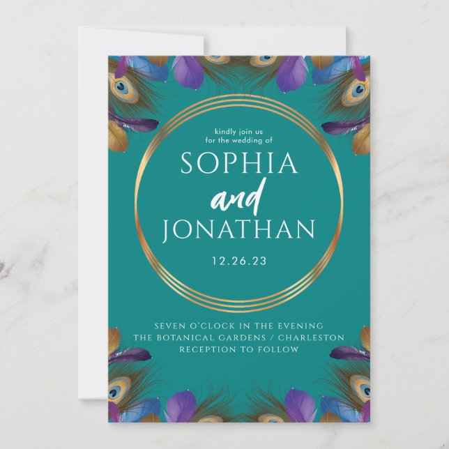 Peacock Feather Teal Green Wedding Modern Chic Invitation (Front)