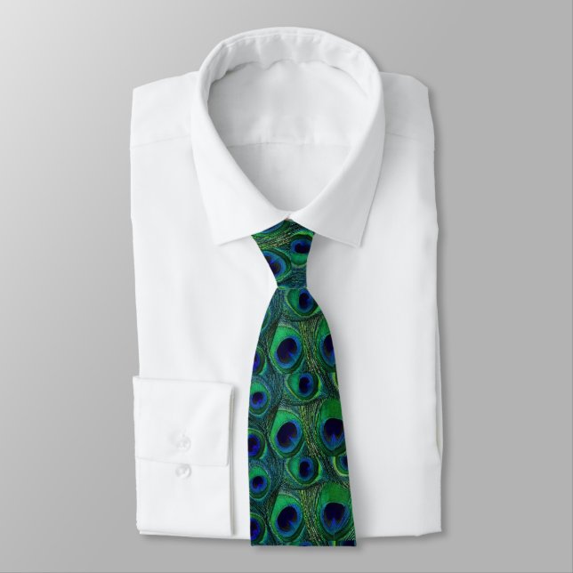 Peacock Feather Tie - Green Teal Navy Blue Purple (Tied)