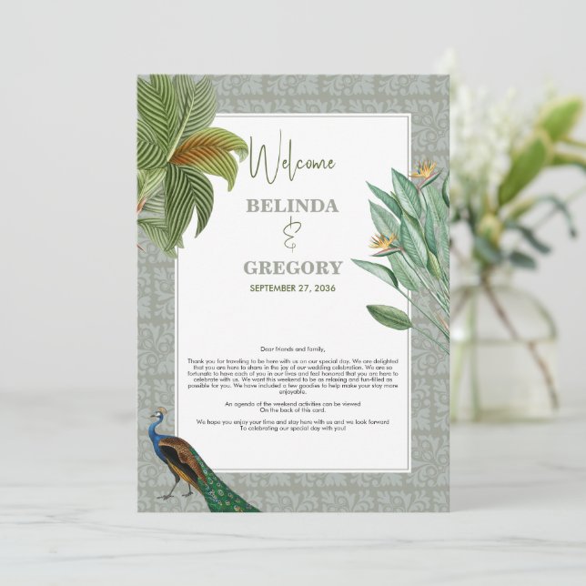 Peacock Feather Tropical Wedding Itinerary Program (Standing Front)