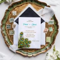 Peacock Feather watercolor Wedding Invitation