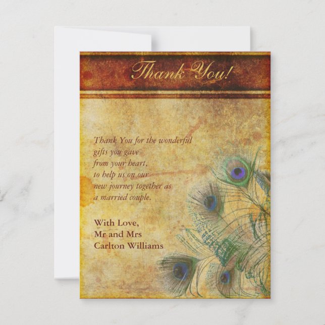Peacock Feather Wedding Flat Thank You Card (Front)