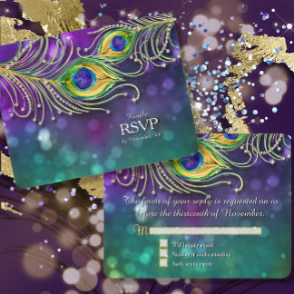 Peacock Feather Wedding Gold Glitter Jewelled RSVP Card