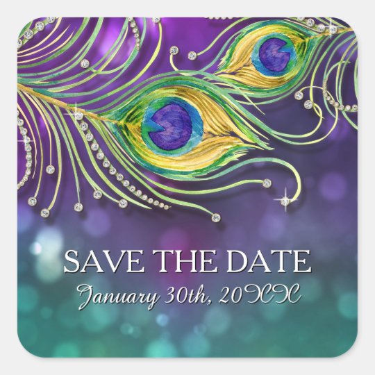 Peacock Feather Wedding Jewelled Feathers Bokeh Square Sticker