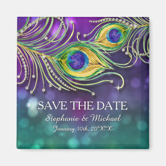Peacock Feather Wedding Jewelled Save the Date Magnet