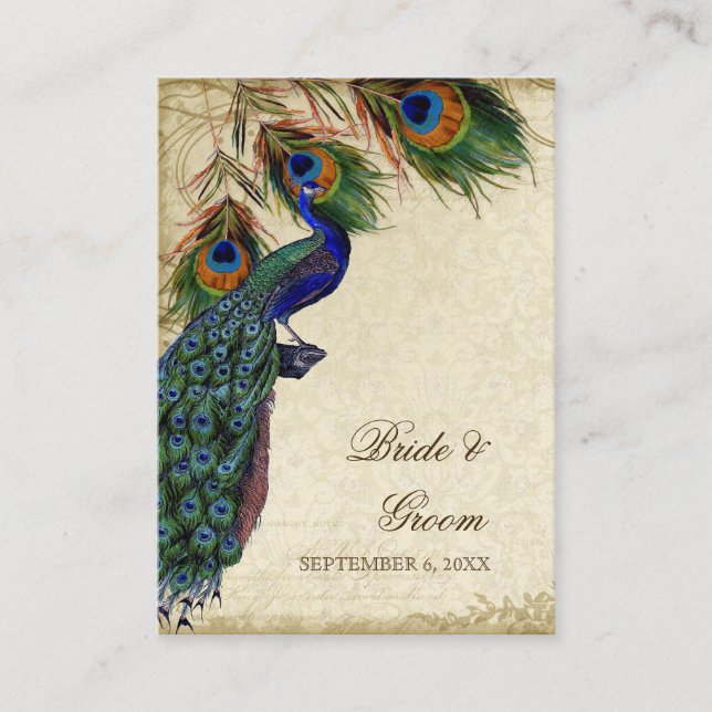 Peacock & Feather Wedding Table Seating Escort Place Card (Front)