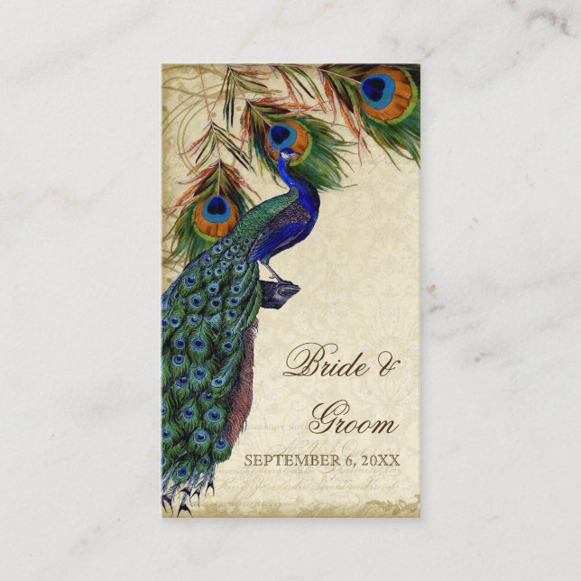 Peacock & Feather Wedding Table Seating Escort Place Card (Front)