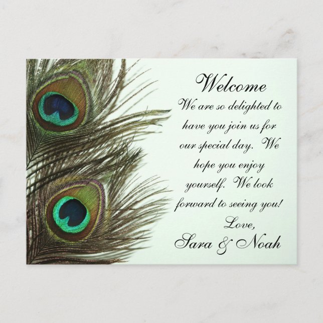 Peacock Feather Wedding Welcome Bag Note Postcard (Front)