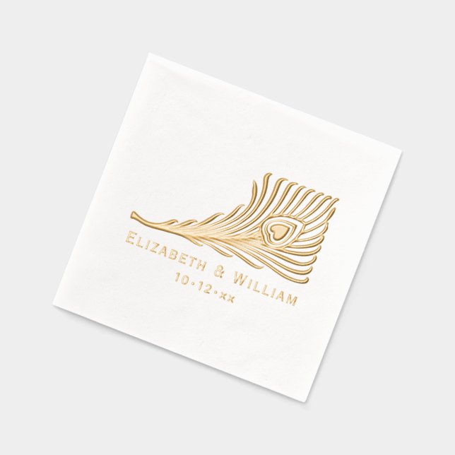 Peacock Feather with Heart Bride Groom Couple Foil Napkins (Left)