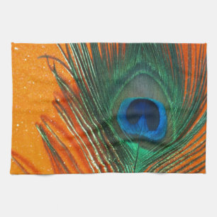 Peacock feather with Orange Glitter Still Life Kitchen Towel