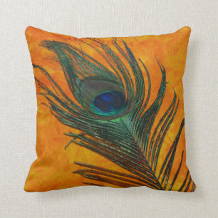 Peacock Feather with Orange Throw Pillow