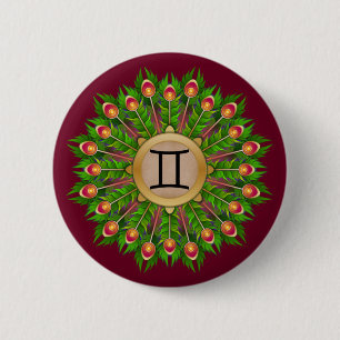 Peacock Feather Wreath Zodiac Sign Gemini 2 Inch Round Button