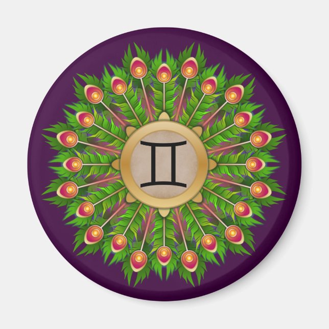 Peacock Feather Wreath Zodiac Sign Gemini Magnet (Front)