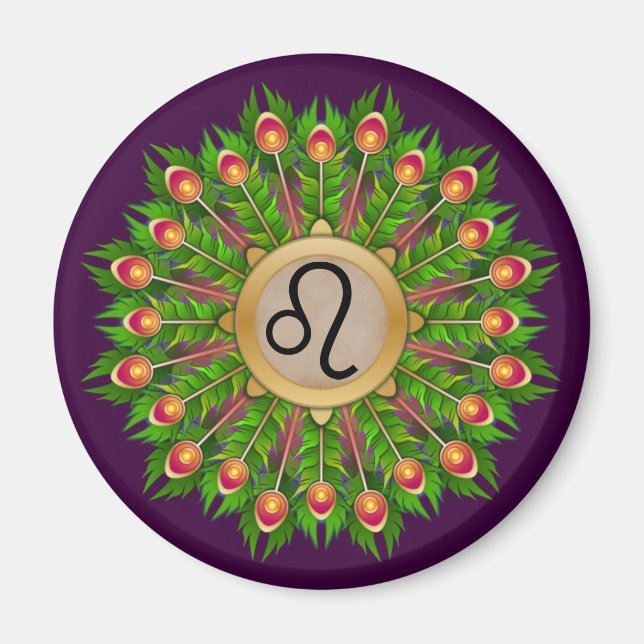 Peacock Feather Wreath Zodiac Sign Leo Magnet (Front)