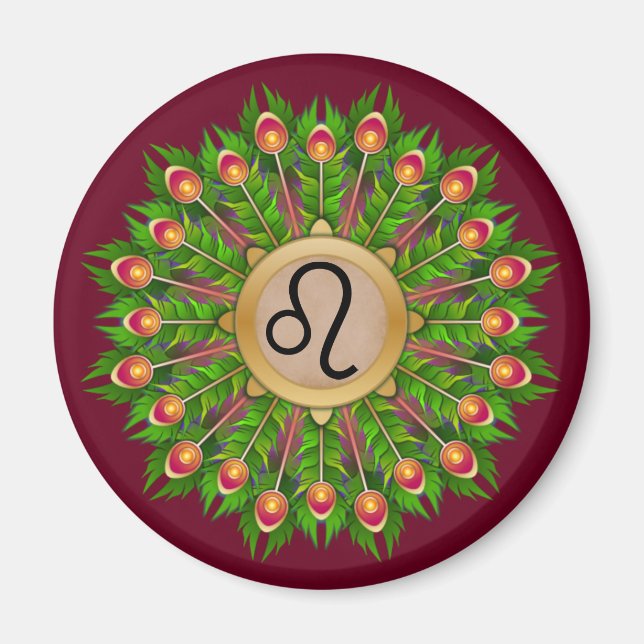 Peacock Feather Wreath Zodiac Sign Leo Magnet (Front)