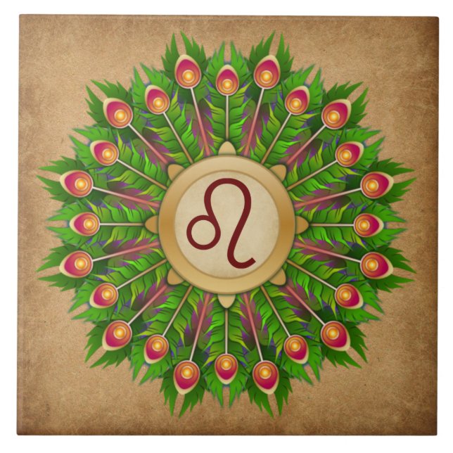 Peacock Feather Wreath Zodiac Sign Leo Tile (Front)