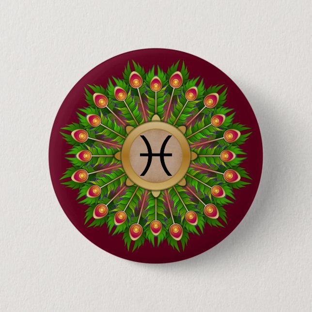 Peacock Feather Wreath Zodiac Sign Pisces 2 Inch Round Button (Front)
