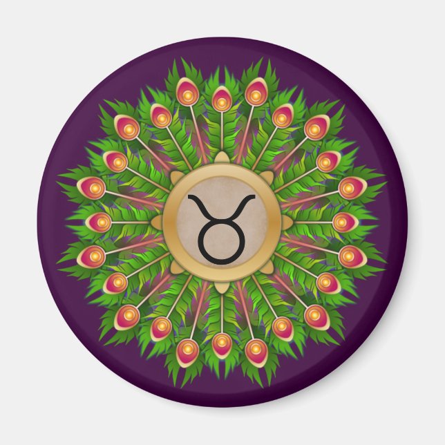 Peacock Feather Wreath Zodiac Sign Taurus Magnet (Front)