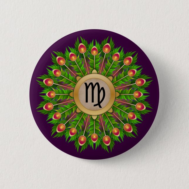 Peacock Feather Wreath Zodiac Sign Virgo 2 Inch Round Button (Front)