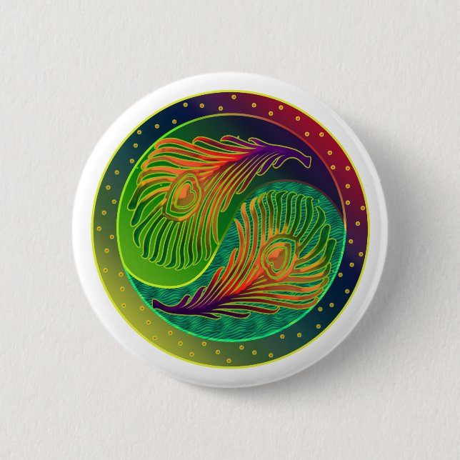 Peacock Feather Yin Yang 3 2 Inch Round Button (Front)