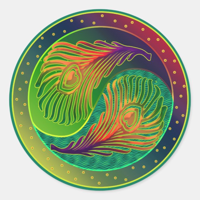 Peacock Feather Yin Yang 3 Classic Round Sticker (Front)