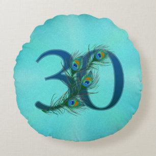 Peacock Feathers 30 Birthday Anniversary Milestone Round Pillow