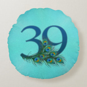 Peacock Feathers 39 Birthday Anniversary Milestone Round Pillow