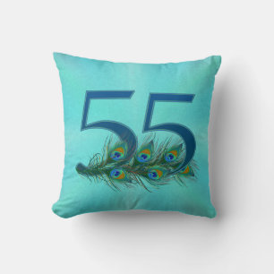 Peacock Feathers 55 Birthday Anniversary Milestone Throw Pillow