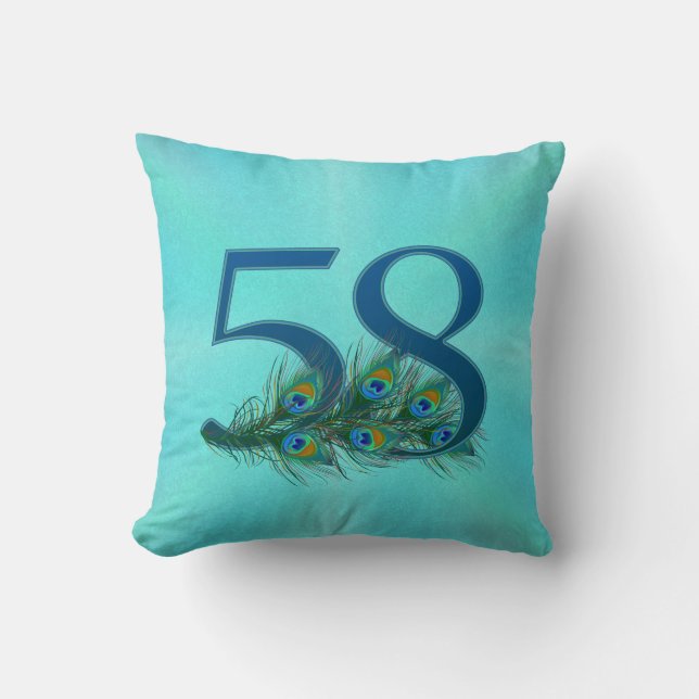 Peacock Feathers 58 Birthday Anniversary Milestone Throw Pillow (Front)