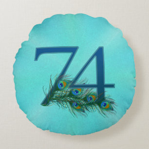 Peacock Feathers 74 Birthday Anniversary Milestone Round Pillow