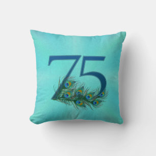 Peacock Feathers 75 Birthday Anniversary Milestone Throw Pillow
