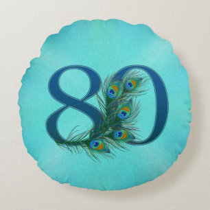 Peacock Feathers 80 Birthday Anniversary Milestone Round Pillow