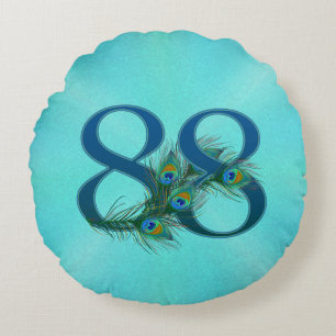 Peacock Feathers 88 Birthday Anniversary Milestone Round Pillow