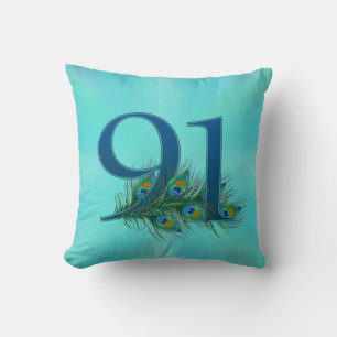 Peacock Feathers 91 Birthday Anniversary Milestone Throw Pillow