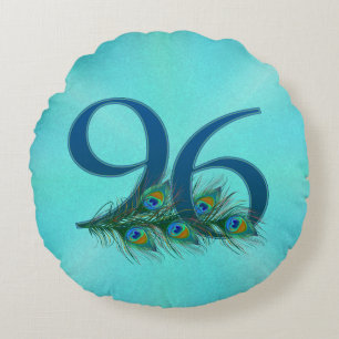 Peacock Feathers 96 Birthday Anniversary Milestone Round Pillow
