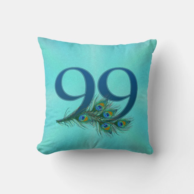 Peacock Feathers 99 Birthday Anniversary Milestone Throw Pillow (Front)