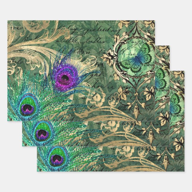 Peacock Feathers and Butterfly Wrapping Paper Sheet (Set)