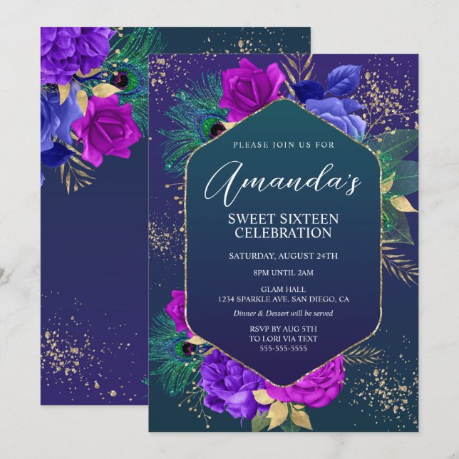 Peacock Feathers and Floral Birthday Invitation (Front/Back)
