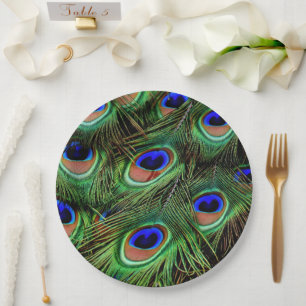 Peacock Feathers Animal Print Teal Green  Paper Plate