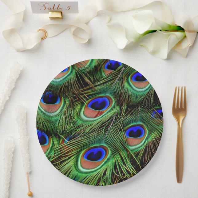 Peacock Feathers Animal Print Teal Green  Paper Plate (Wedding)